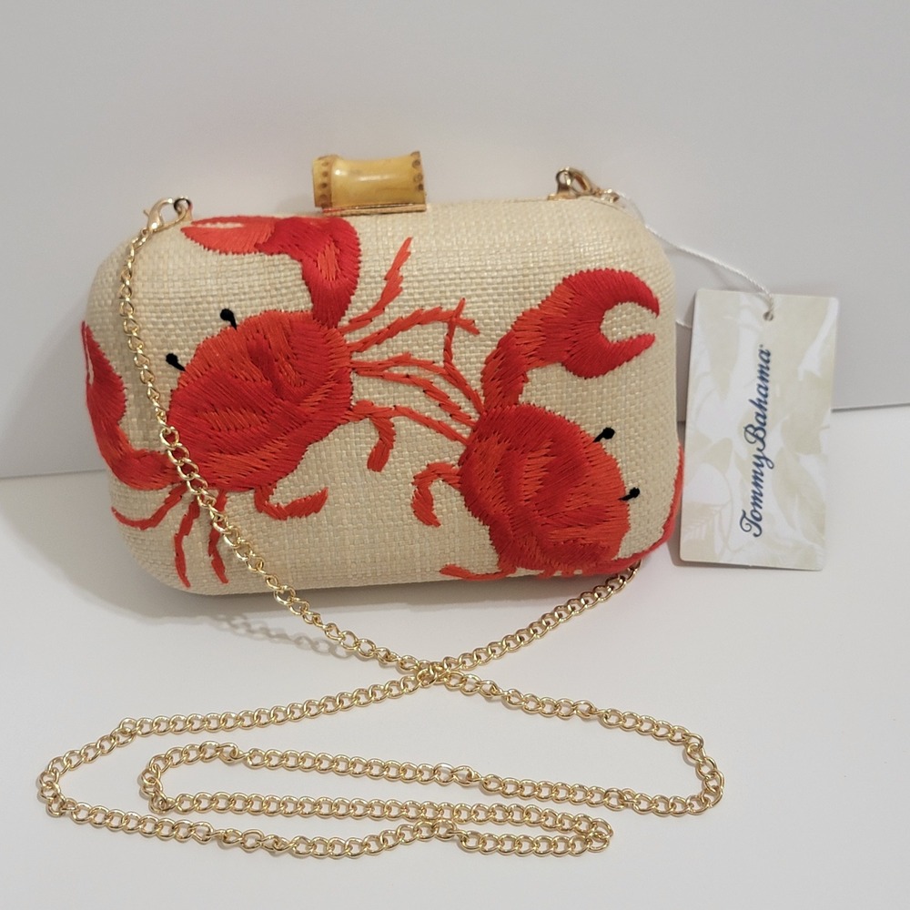 NEW Tommy Bahama Crab Clutch Women Beige Embroidered Straw Bamboo Bag Gold Chain